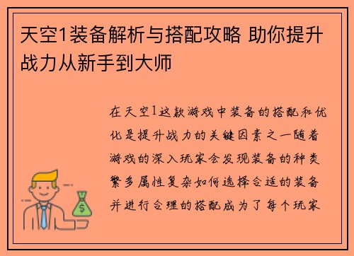 天空1装备解析与搭配攻略 助你提升战力从新手到大师