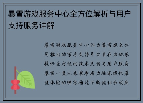 暴雪游戏服务中心全方位解析与用户支持服务详解