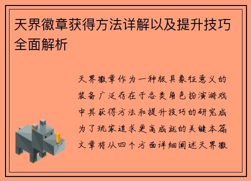 天界徽章获得方法详解以及提升技巧全面解析